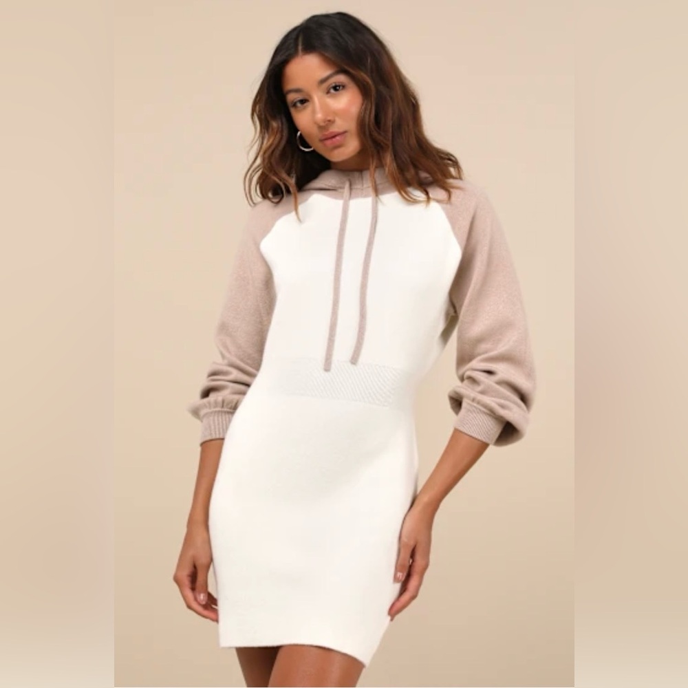 NWT Lulus Women's Laidback Moments Ivory and Beige Hooded Sweater Minidress